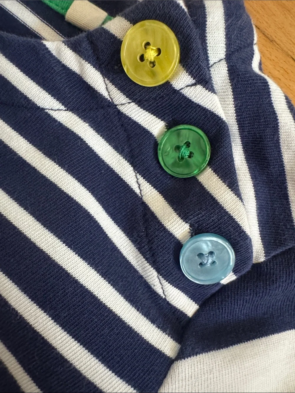 Mini Boden Navy & White Striped Long-Sleeve Tee with Rainbow Shoulder Buttons